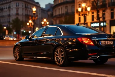 Luxury hire chauffeur Madrid offering exceptional service in a stylish black sedan on a city street.