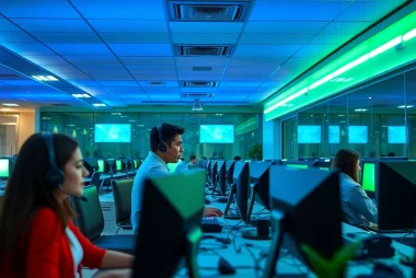 Highlighting call centers in Tijuana Mexico with agents actively providing customer support in a modern workspace.