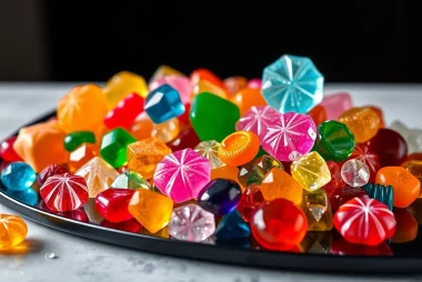 Indulge in delicious crystal candy, showcasing colorful textures and shapes that sparkle on a platter.