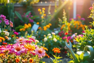 Garden maintenance tools among vibrant flowers, showcasing a beautifully tended landscape.