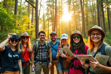 Tropical adventure enthusiasts documenting their journey on tropemprzygod amidst vibrant nature.