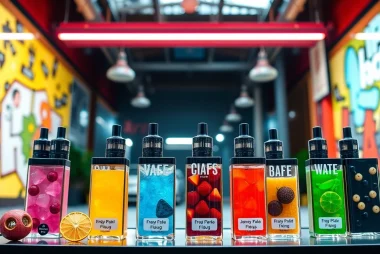 Showcase of dummy vapes in various flavors arranged playfully, highlighting vibrant colors and modern design.