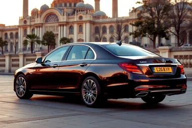 Experience luxury private car service ISTANBUL with this elegant sedan parked at a historic site.