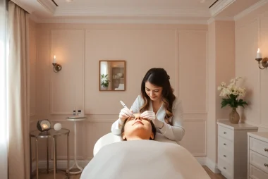 A professional undergoing a Faltenbehandlung Zürich in a calming beauty therapy room.