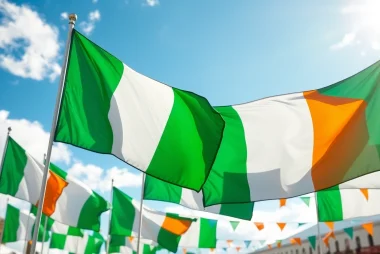 Waving custom flags Ireland showcasing unique designs at a lively outdoor festival.