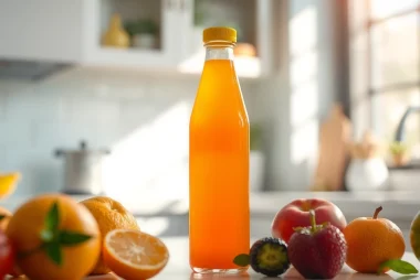 Refreshing vitamindrink displayed in a bright kitchen, surrounded by fresh fruits to emphasize its health benefits.