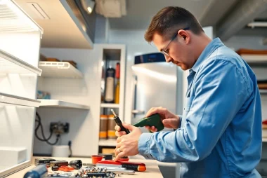 Technician performing commercial refrigerator repair in a professional kitchen environment.