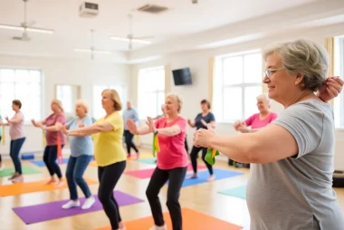 Engaged seniors participating in a vibrant Senior Fitness Training class with resistance bands and mats.