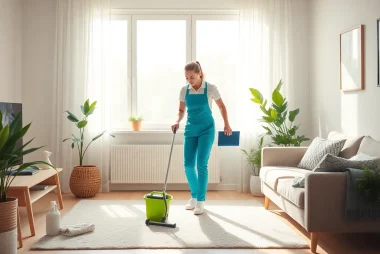 Professional cleaner conducting bond cleaning in Brisbane, showcasing a sparkling living room and fresh ambiance.