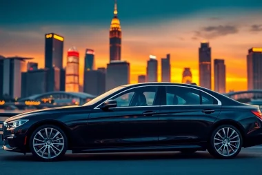 Experience professional chauffeur hire Singapore in a luxury sedan against a stunning city skyline.