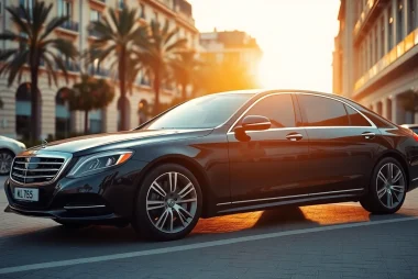 Enjoy a luxury hire chauffeur Madrid service with an elegant black car in a vibrant sunset setting.