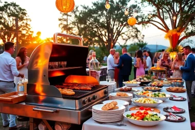 Hochzeit Grill Catering für Berlin featuring a beautifully arranged outdoor BBQ setup for wedding celebrations.