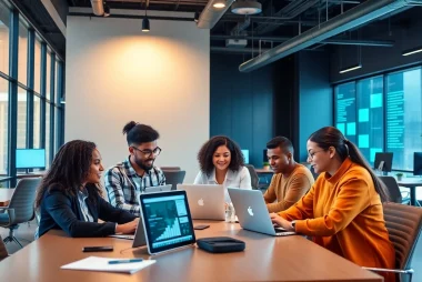 Dynamic team of analysts from a competitive intelligence company examining market data in a modern office setting.