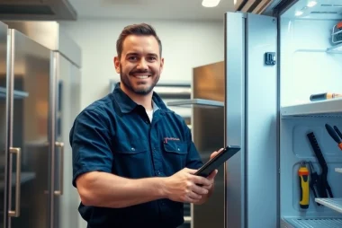 Technician providing commercial refrigerator repair services in a well-lit kitchen.