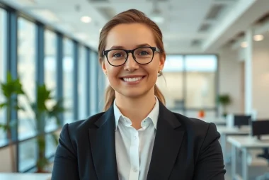 Professional posing for company headshots in a bright office setting showcasing confidence and approachability.