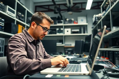 Riparazione computer settimo torinese in un laboratorio moderno con un tecnico al lavoro.