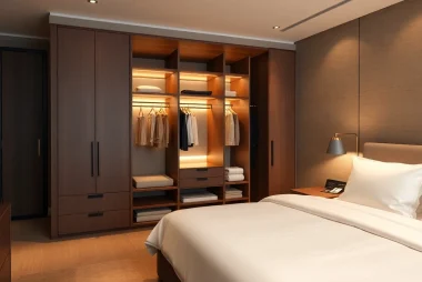 Marvel at the modern Hotel Room Wardrobes showcasing sleek design and functional storage in an inviting hotel environment.