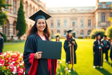 Smiling graduate showcasing diploma representing buy master degree UK success in vibrant university setting.