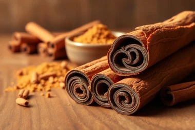 Capture the essence of cinnamon bark with a rich, textured close-up highlighting its aromatic qualities.