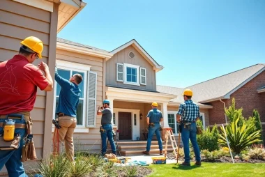 Expert exterior renovation team diligently enhances a home's facade with new siding.