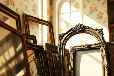 Showcase unique vintage frames featuring intricate designs in a warm boutique setting.