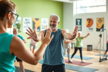 Senior Fitness trainer Jersey City engaging elderly clients in a health-focused gym environment.