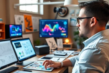 Engaging visual of a professional using AI design tools for businesses in a vibrant studio.