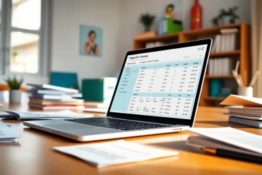 Visual representation of a plagiarism checker tool displaying results on a laptop in a well-lit workspace.