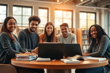 CIPD assignment help collaboration among diverse students in a modern library setting.