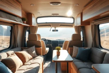 JRP Campers feature a cozy and modern living space inside a camper van.