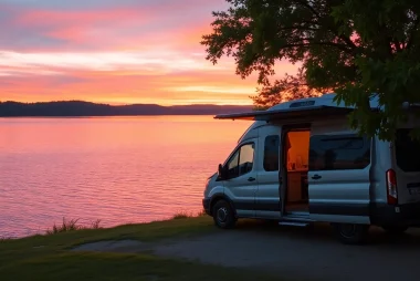 Experience adventure in a cozy camper van by a tranquil lake at sunset.