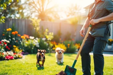 Dog poop pickup service in action, showcasing a professional scooper at work in a vibrant backyard.