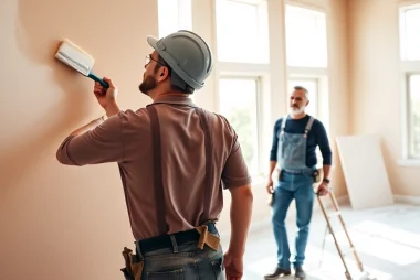 Find local drywall painting contractors near me applying fresh paint in a beautifully lit interior.