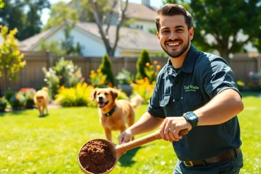 Effortlessly ensuring weekly dog poop scooping with a friendly professional in a sunny backyard.