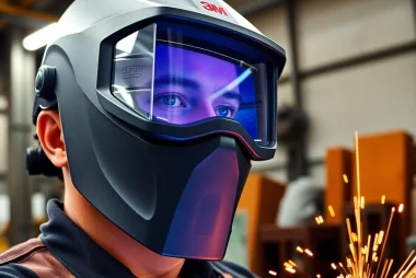 Welder using a speedglas welding helmet in a workshop efficiently with bright sparks flying.
