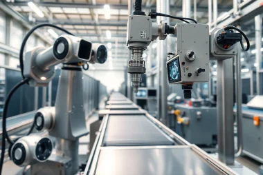 Machine vision system inspecting products with advanced cameras and robotic arms in a factory.