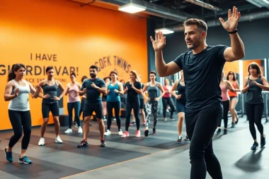 Participants actively engage in gym group training under bright lighting, showcasing diverse fitness levels and community spirit.