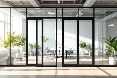 Enhance office spaces with movable glass partitions showcasing seamless integration and modern aesthetics.