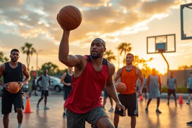 Basketball training programs near me in action with athletes honing their skills on an outdoor court.