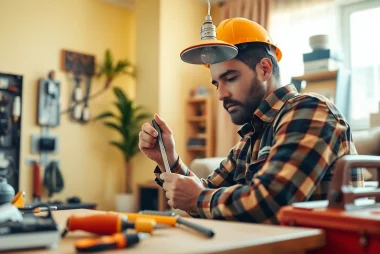 Electrician providing Electrical Service in a cozy living room, showcasing tools and lighting inspection.