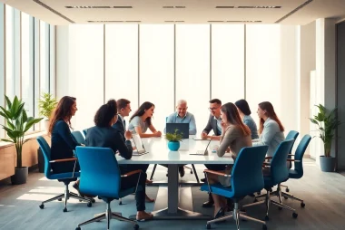 Collaborate effectively at 美洽官网's modern office space with diverse professionals engaging in discussion.