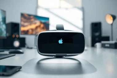 Buy Vision Pro headset, showcasing its sleek design and futuristic features on a desk.