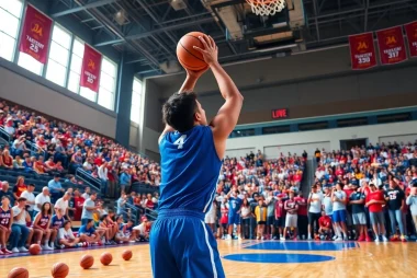 Young athlete in action at Takeover Basketball Academy, executing jump shot in vibrant gym.