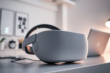 Shop now to buy Vision Pro headset in a sleek and stylish workspace, highlighting its modern design.