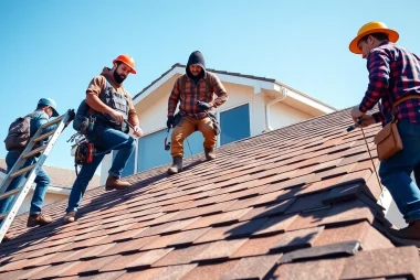 Engaged local roofers near me working on a residential roof inspection with vibrant teamwork.