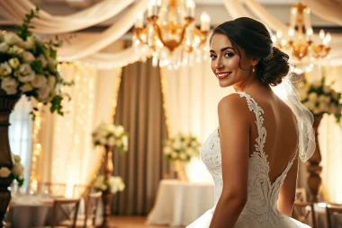 Showcasing elegant reception wedding dresses in a beautifully decorated wedding venue