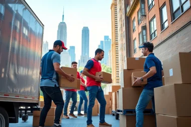 Expert Moving company nyc team packing and loading boxes in a busy urban setting