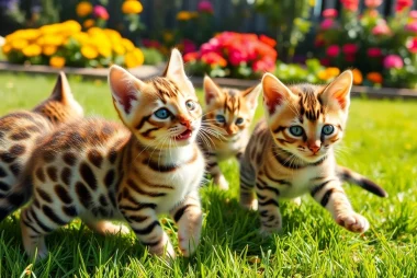 Bengal Breeders Orange County showcase playful Bengal kittens in a sunny garden setting.