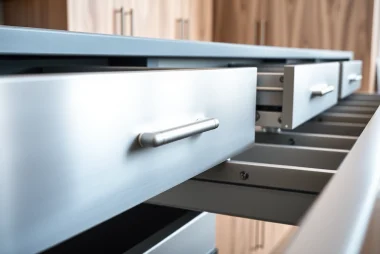 Showcasing a Metal Drawer System in a modern kitchen with sleek, polished finishes.