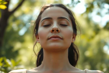 Practicing healing trauma through meditation in a serene outdoor environment.